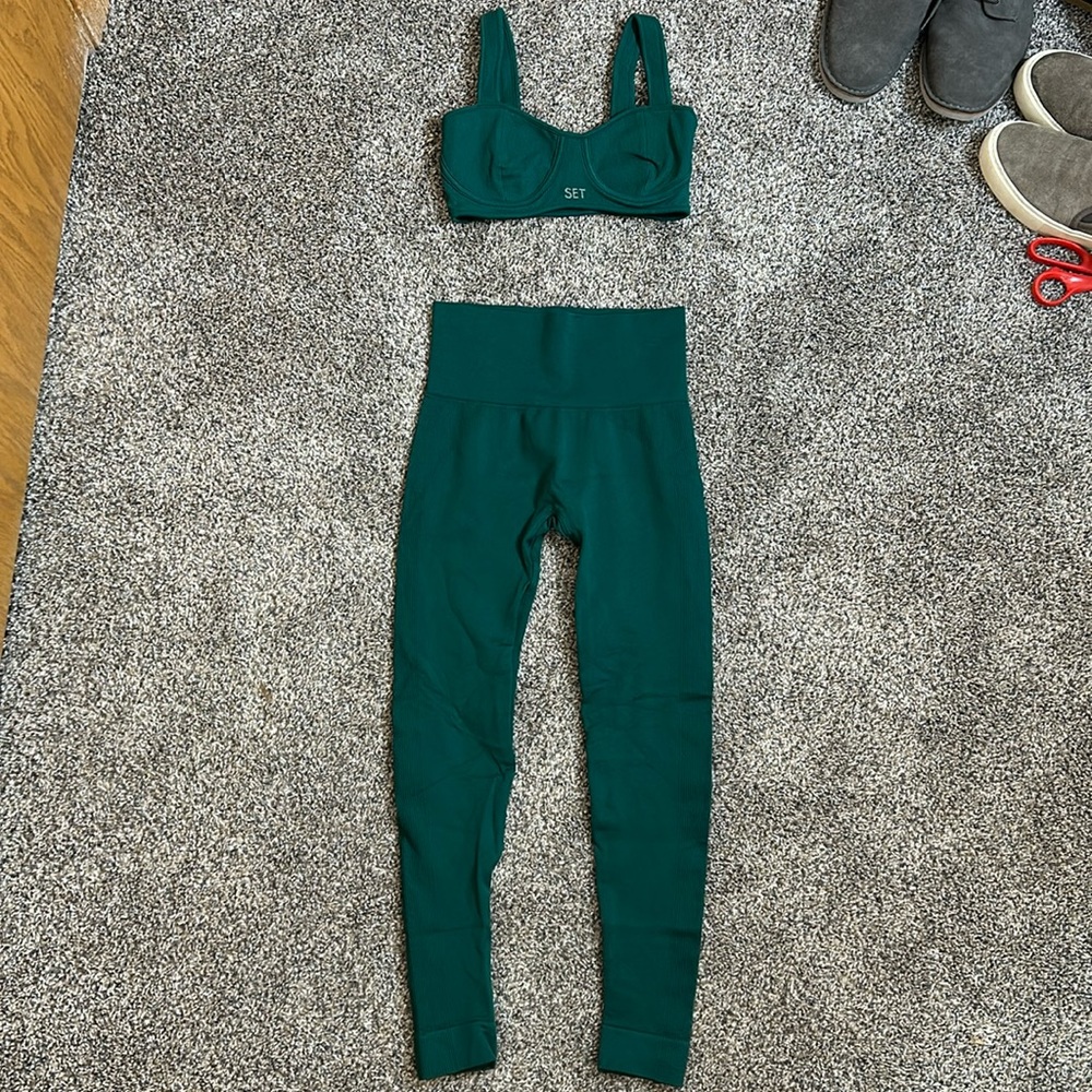 Set Active Leggings and Bra Top Workout Yoga Set Ribbed Green